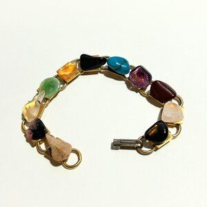 Colorful Semi-Precious, 11 Stone, Size 6 1/2 Bracelet Set In A Brass Backing